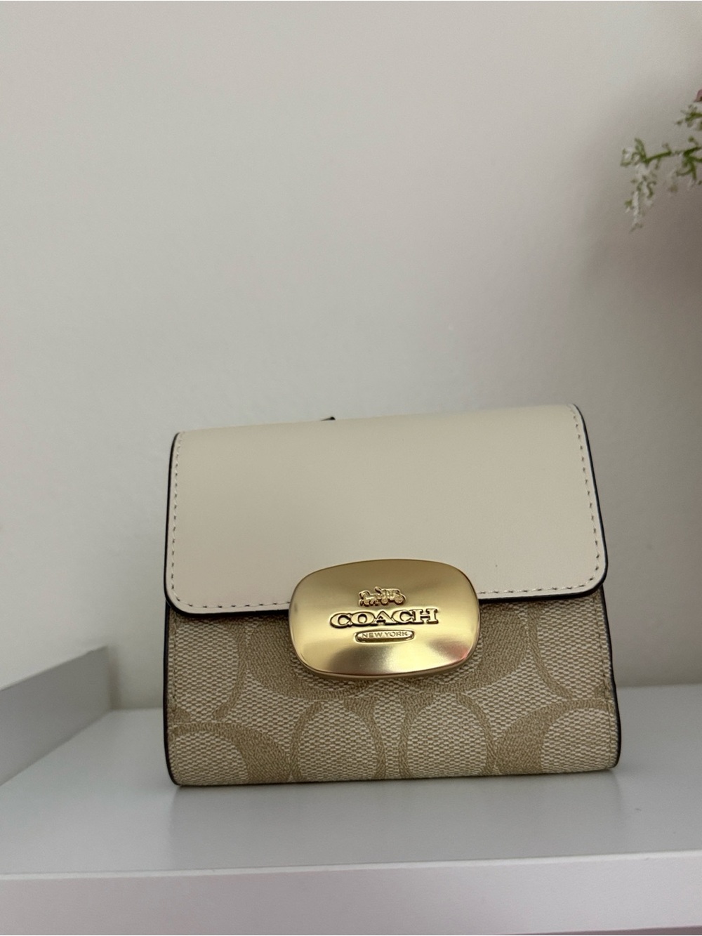 Coach Eliza  Small Foldover Wallet in Cream & Tan with Gold Hardware